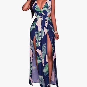 LKOUS Sexy Sleeveless V-Neck Beach Maxi Dress